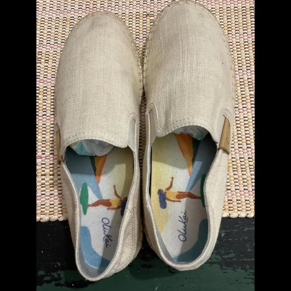 Olukai Kaula Pa’a Kapa Women’s Espadrilles Linen Slip ons Size 9